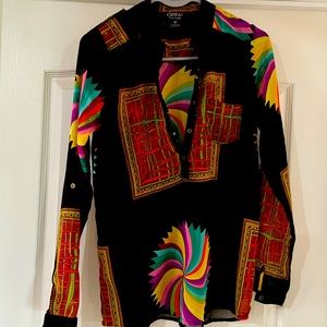 Oppa! Because I'm Happy Sheer Blouse Sz S Colorful Print Roll button sleeve